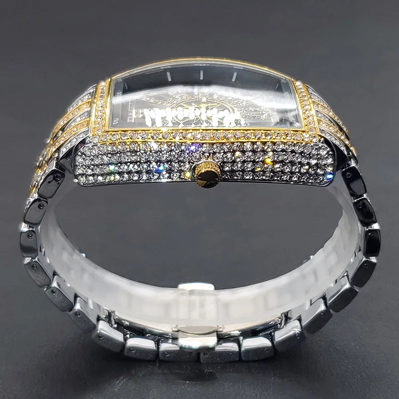 Classic 55mm Black Dial Wristwatch Men Famous Brand Diamond Silver Quartz Watch Original Ice Out Shiny Waterproof Clock 2023 New