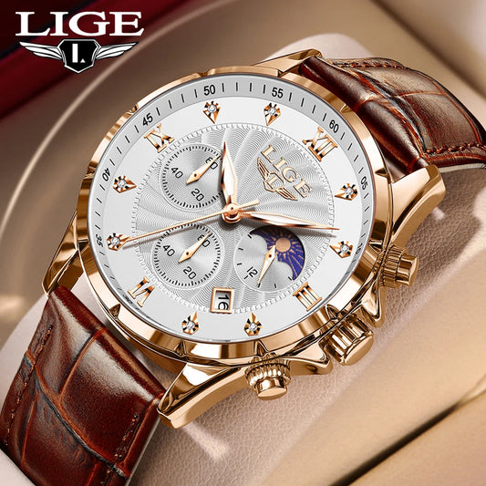 LIGE Men's Watch Luxury Business Luminous Waterproof Leather Watches Moon Phase Week Date Casual Quartz Watch Men Reloj hombre