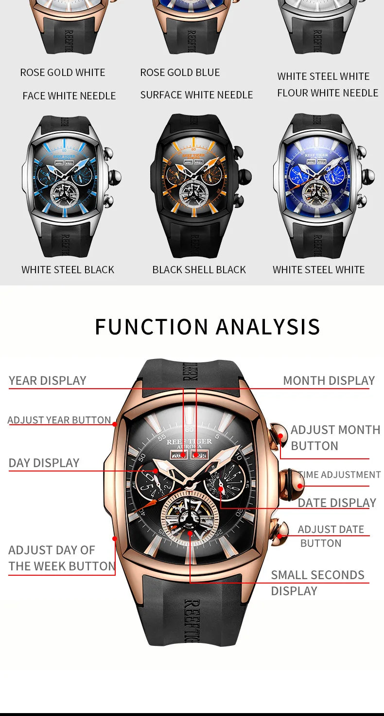 Reef Tiger/RT Designer Sport Watches with Tourbillon Stainless Steel Rubber Strap Blue Dial Automatic Watches RGA3069