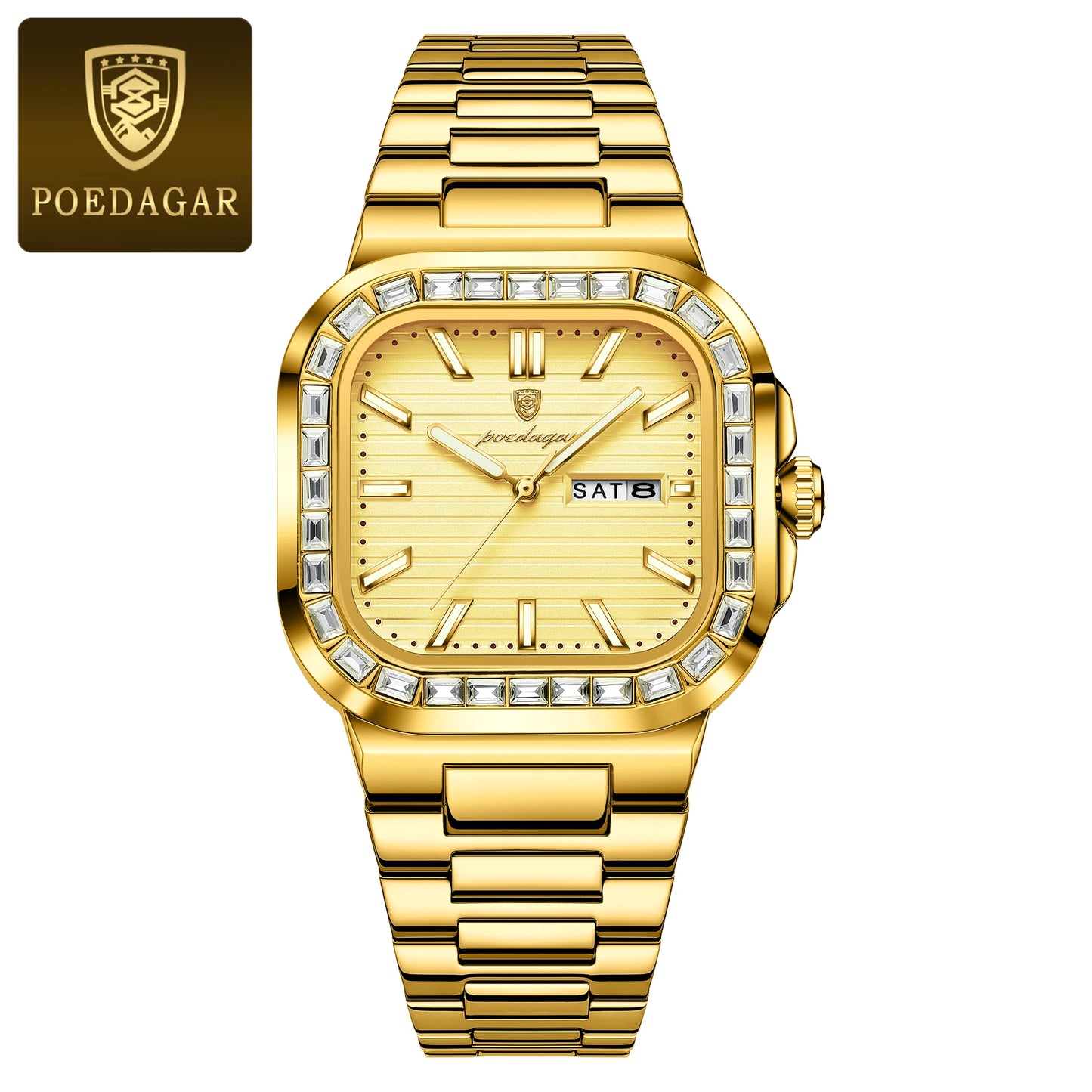 POEDAGAR Top Brand Luxury Watch for Men Waterproof Luminous Date Week Man Wristwatch Stainless Steel Square Quartz Men's Watches