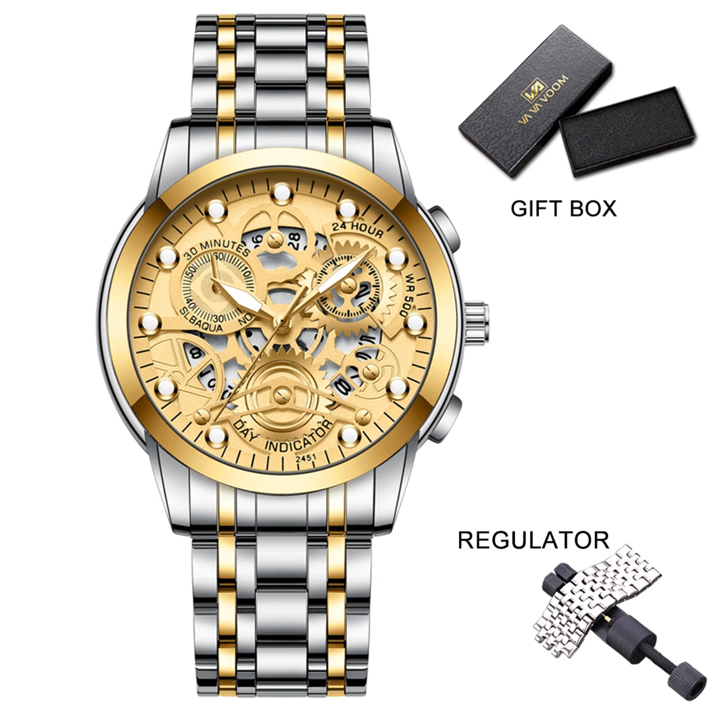 Men's Business Watch Skeleton Design Fashion Mechanical Style Stainless Steel Quartz Movement Calendar Waterproof Men WristWatch
