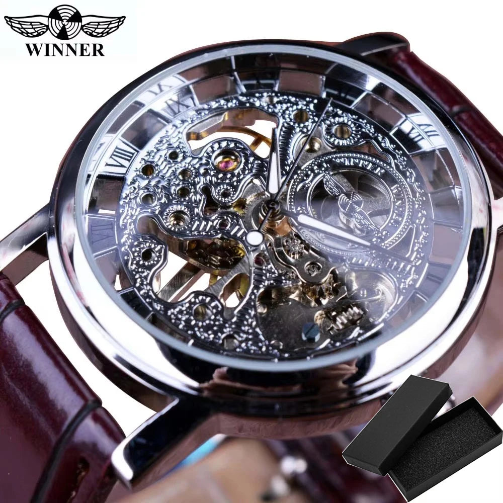 Winner Transparent Golden Case Luxury Casual Design Brown Leather Strap Mens Watches Top Brand Luxury Mechanical Skeleton Watch