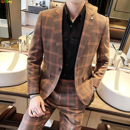 Blazers Pants Set 2 Pieces Set, 2024 Men's Business Casual Men Plaid Suit Jacket and Trousers, Asian Size M-5XL