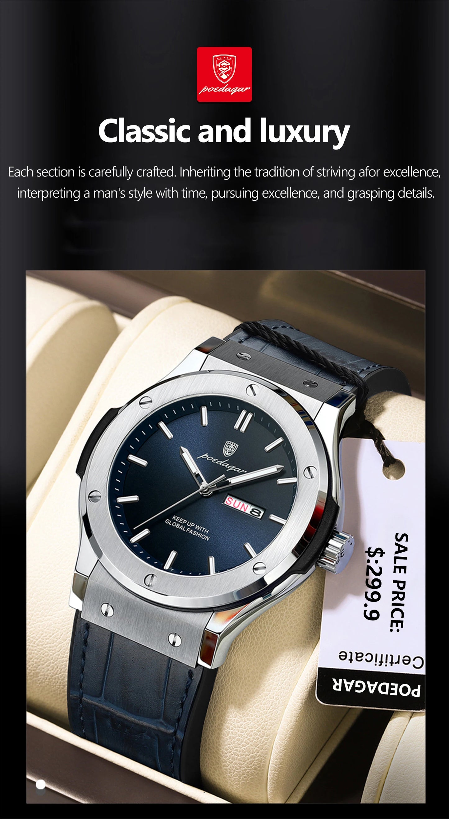 POEDAGAR Men's Watches Trend Fashion Original Quartz Watch for Man Waterproof Leather Strap Luminous Date Week Wristwatch Reloj