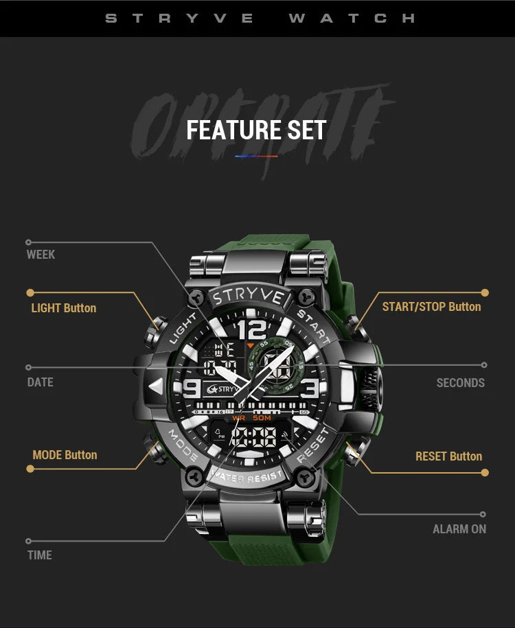 New STRYVE Watch for Men's High Quality Digital-Analog Dual Movement 5ATM Waterproof Watches Fashion Sports Men's Watch 8025