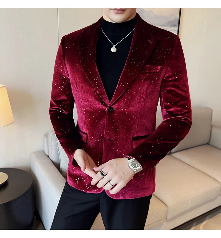 2024 Autumn New Velvet Jacket Men's Blazer Business Fashion Hot Stamping Printed Suit Jacket High-quality Luxury Dress Suit