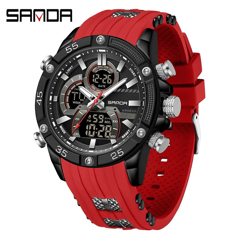 SANDA 6162 Men's Electronic Watch Creative Sports Waterproof Luminous Chronograph Pointer Digital Dual Display Wristwatches