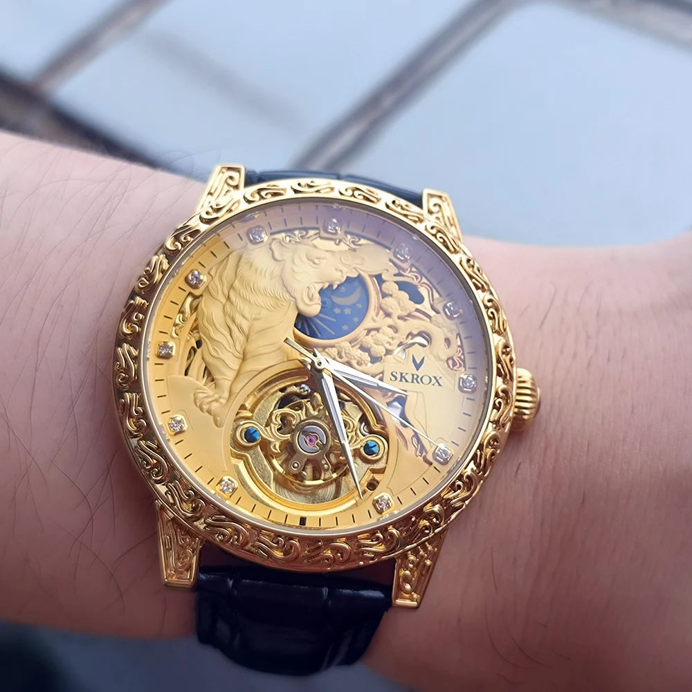 SKROX Original Gold Tiger Diamond Elegant Men's Watch Moon Phase Tourbillon Automatic Mechanical High-end Luxury Male Clockwork