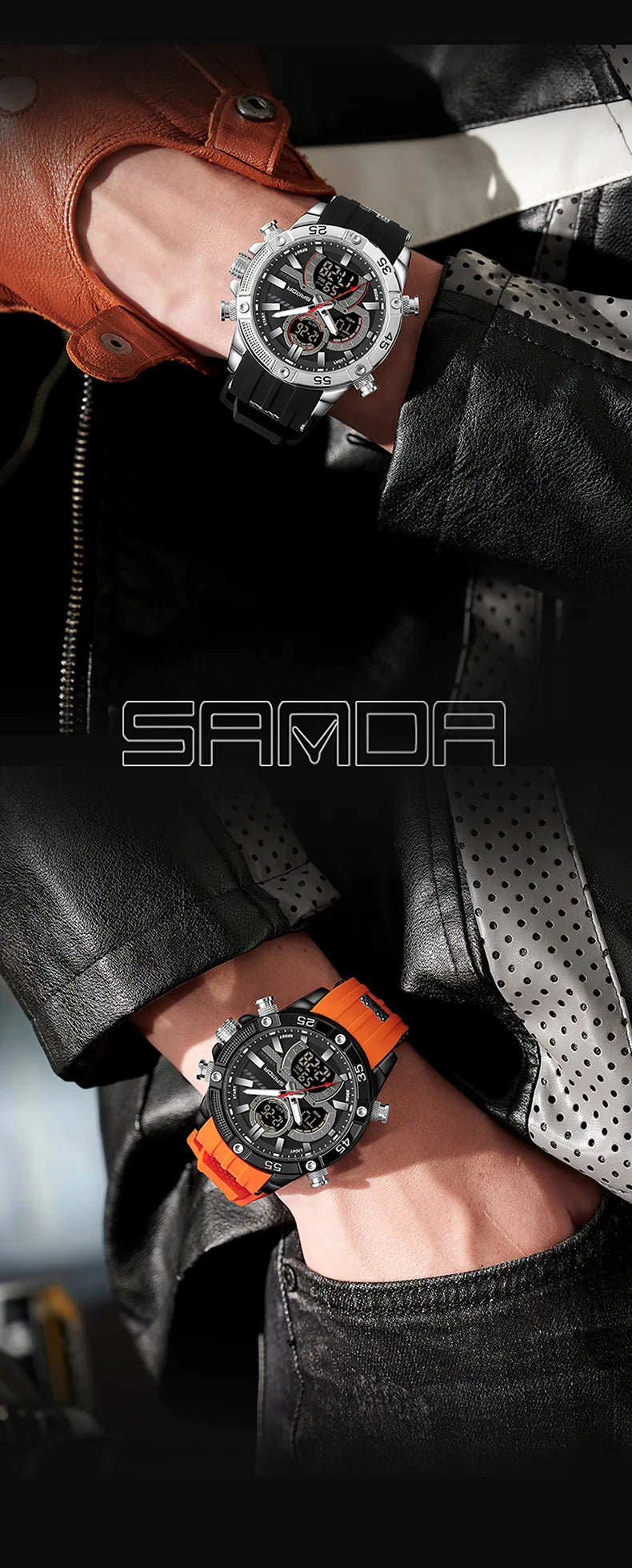 SANDA 6162 Men's Electronic Watch Creative Sports Waterproof Luminous Chronograph Pointer Digital Dual Display Wristwatches
