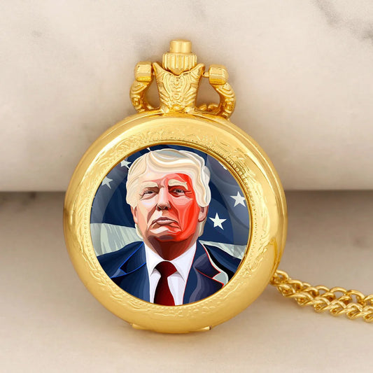 Trump Design Gold Quartz Pocket Watch Women Men Fashion Glass Dome Necklace Unique Pendant Silver Clock Watch Gift Accessories