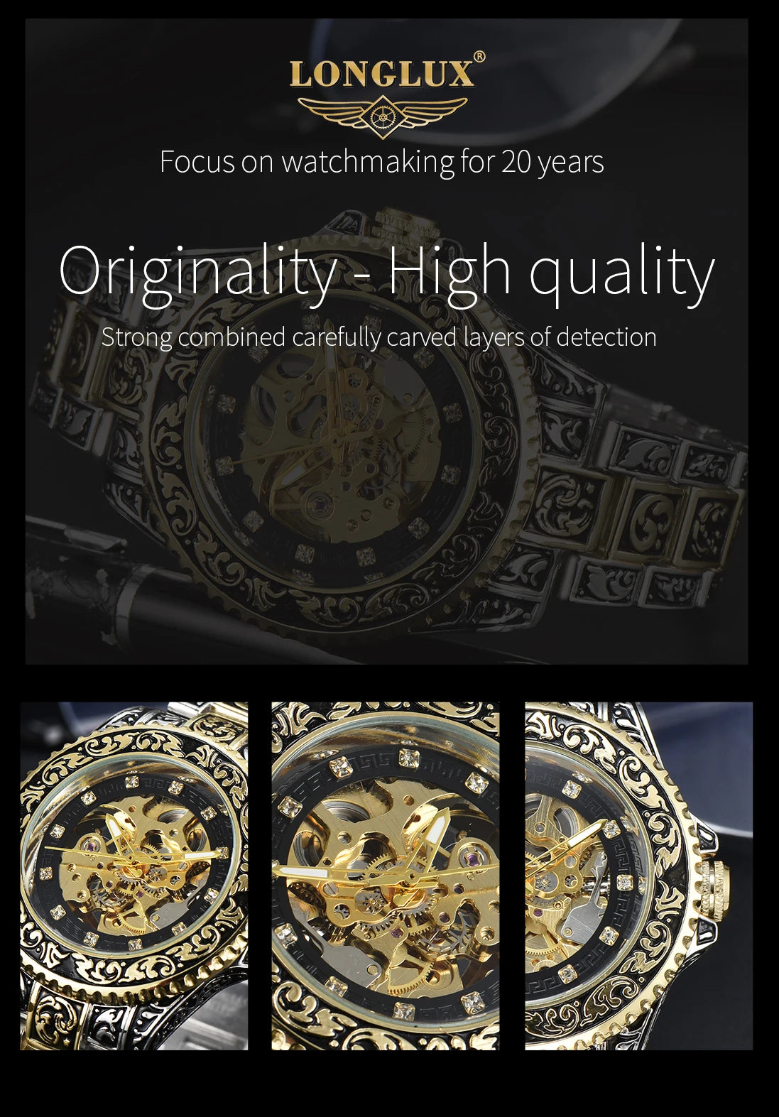 LONGLUX automatic watch luxury wholesale mechanical wristwatches stainless steel carve waterproof  no logo mens watch men gift