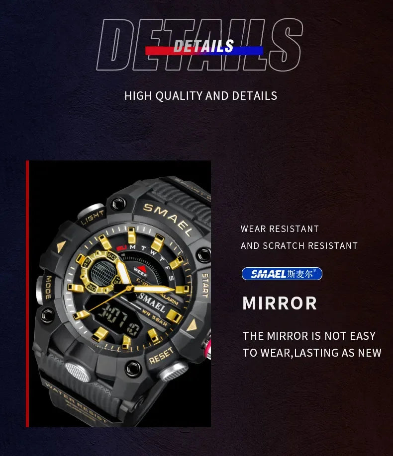 SMAEL 8040 50M Waterproof Wristwatch Stopwatch Alarm LED Light Digital Watches  Men's Sports Watch  Military Watches Men Watch