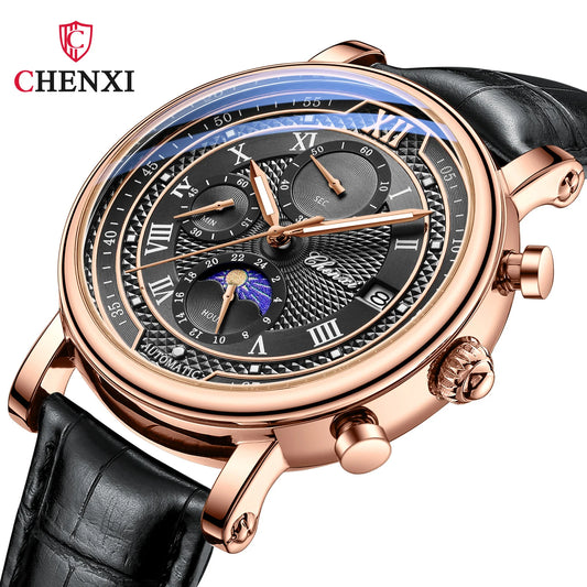 CHENXI 976 Men's Watch Leather Chronograph Date Quartz Watches Phase Moon Timing Business Luminous Wrist Watch Relojes para