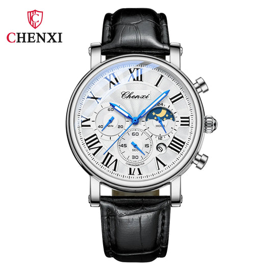 CHENXI 973 Men's Wristwatch Multi-functional Business Watch Moon Phase Date Waterproof Rome Dial Leather Quartz Watches for Man