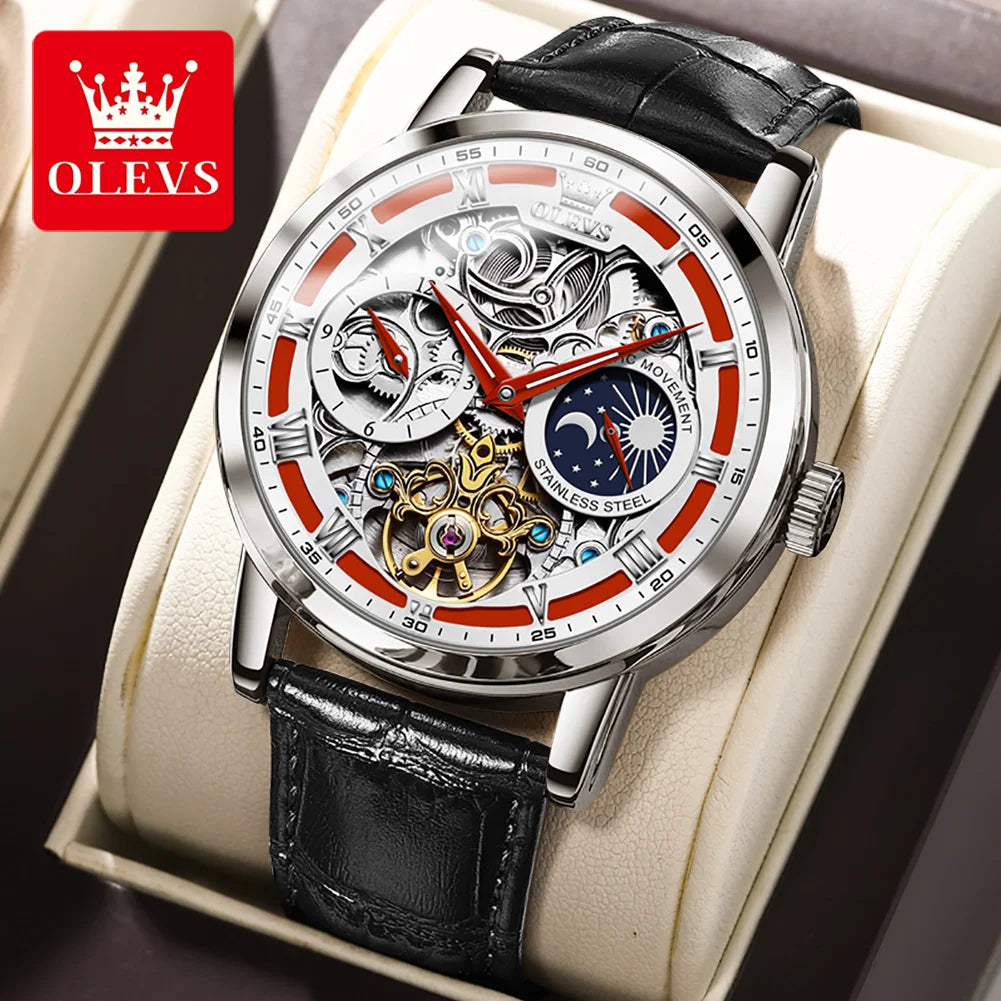 OLEVS Mens Watches Top Brand Luxury Moon Phase Tourbillon Mechanical Watch for Men Automatic Skeleton Watch Relogio Masculino