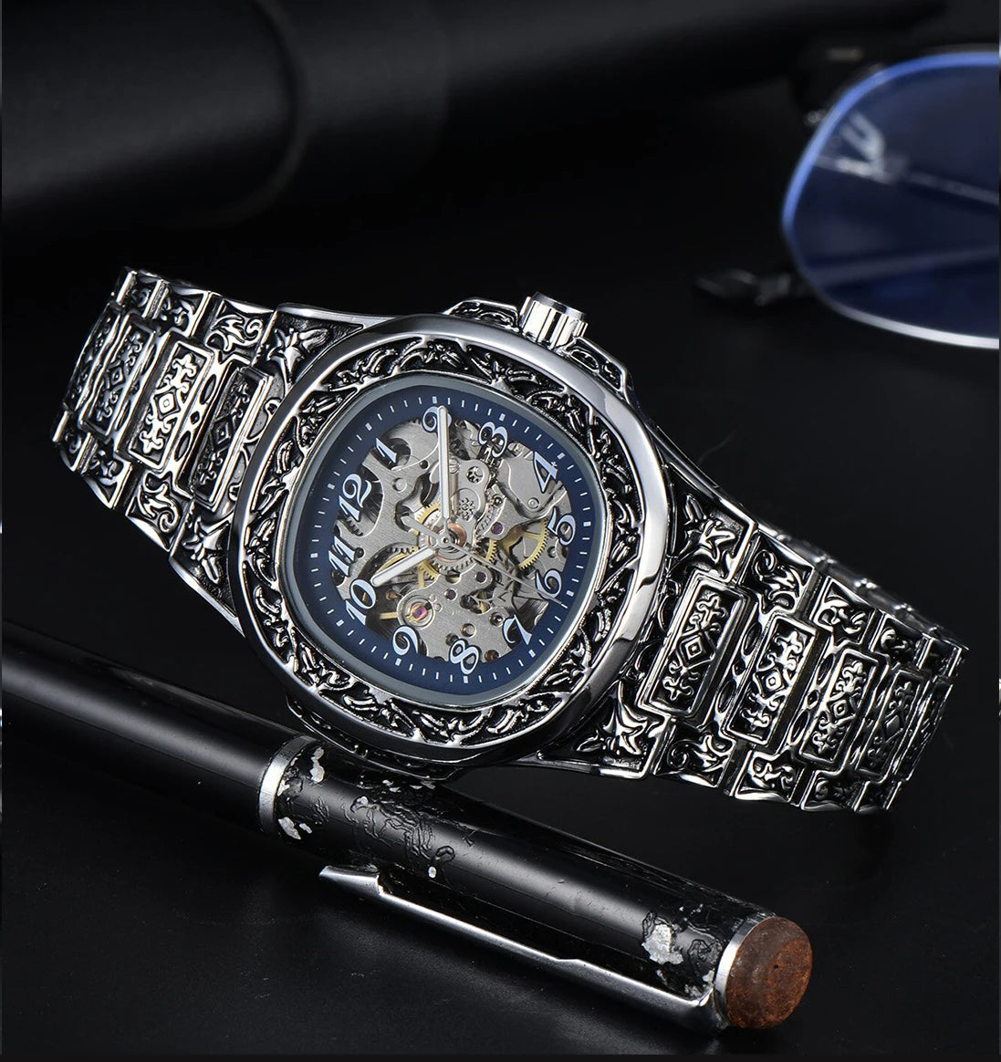 LONGLUX automatic watch for man retro mechanical wristwatches luxury alloyl waterproof skeleton mens watch men gift