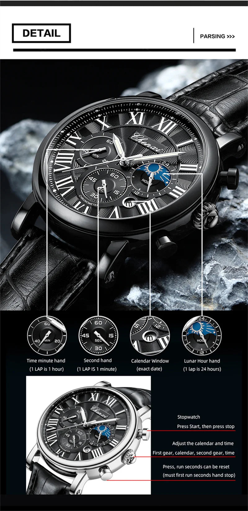 CHENXI 973 Men's Wristwatch Multi-functional Business Watch Moon Phase Date Waterproof Rome Dial Leather Quartz Watches for Man