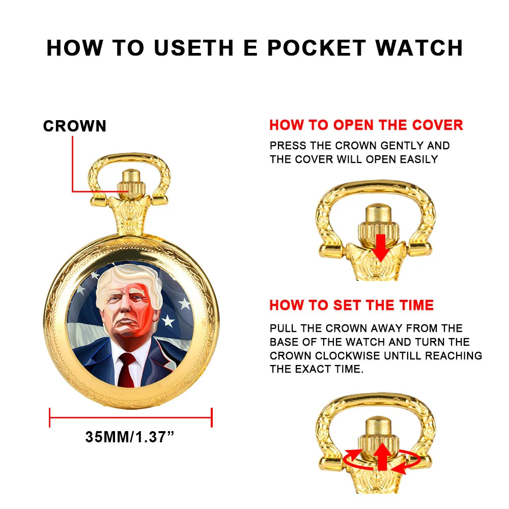 Trump Design Gold Quartz Pocket Watch Women Men Fashion Glass Dome Necklace Unique Pendant Silver Clock Watch Gift Accessories