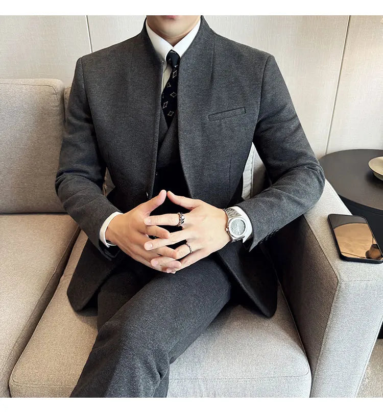 Korean Style Men's Suit Set Slim Fit Business Suit Wool Blazer Three Piece Set Elegant Social Formal Men's Clothing 5XL-M