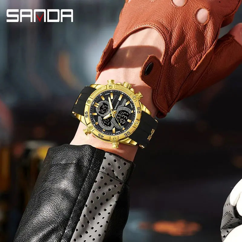 SANDA 6162 Men's Electronic Watch Creative Sports Waterproof Luminous Chronograph Pointer Digital Dual Display Wristwatches