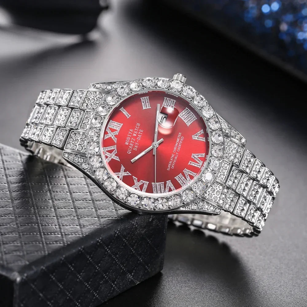 Luxury Men Watch Classic Golden Men Steel Strap Roman Rhinestone Calendar Quartz Watch Fashion Male Wristwatch Relogio Masculino