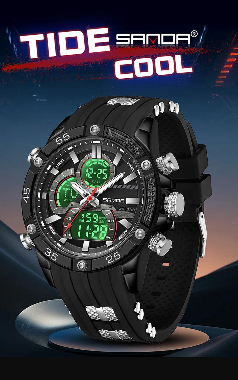 SANDA 6162 Men's Electronic Watch Creative Sports Waterproof Luminous Chronograph Pointer Digital Dual Display Wristwatches