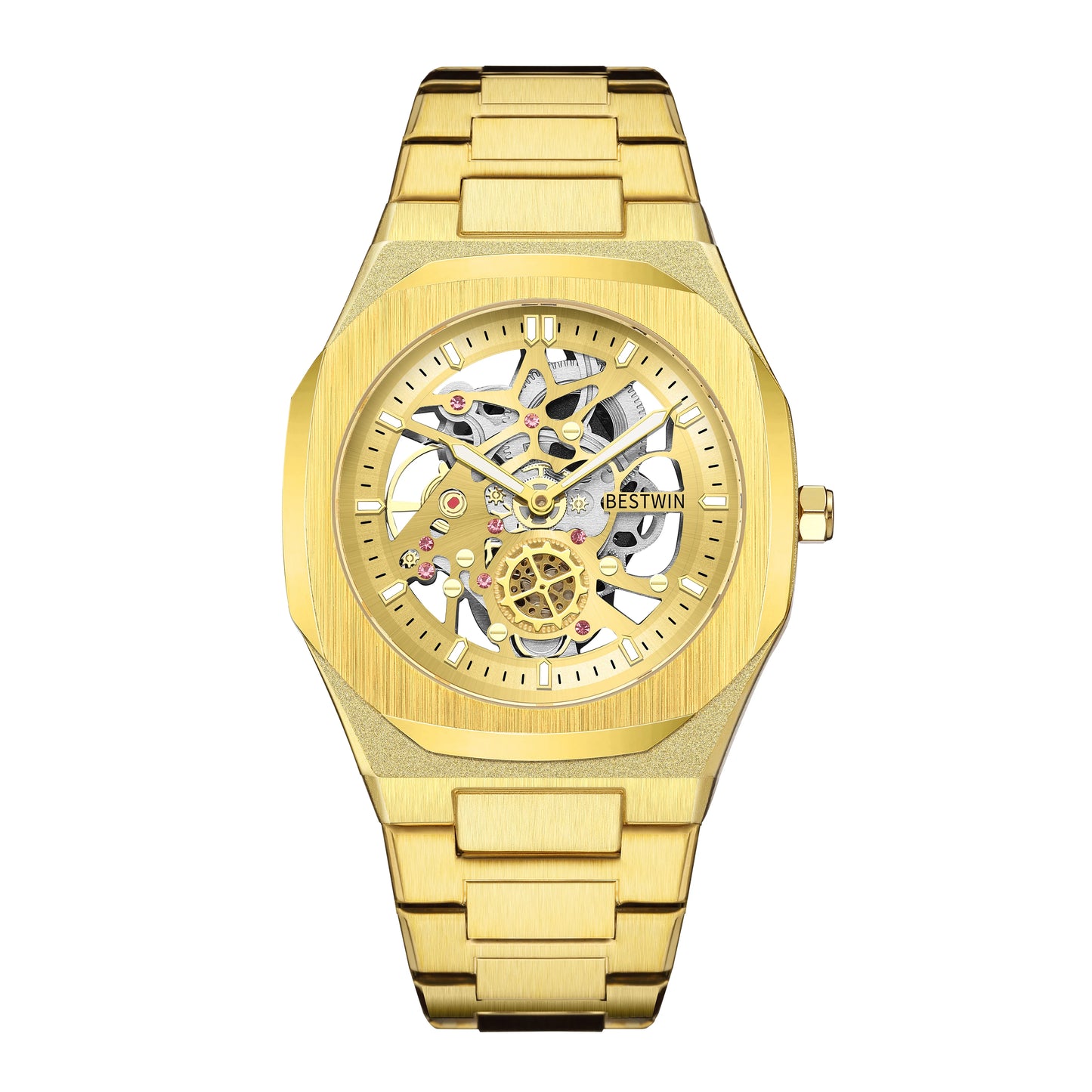 New Octagonal Design Quartz Wristwatches Men Golden Stainless Steel Dress Watch Date/Week Functions Luxury Diver's Clock Man