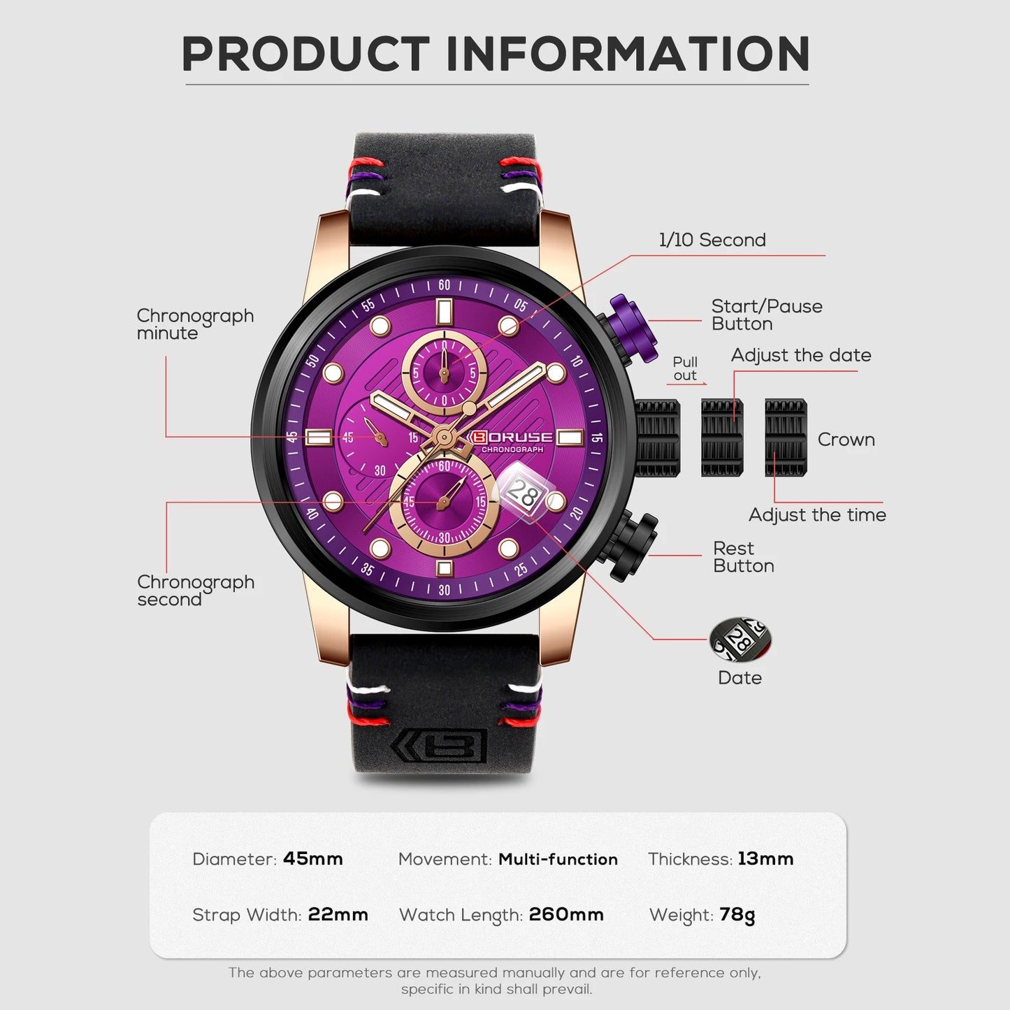 BORUSE New Fashion Mens Watches Top Brand Luxury Military Quartz Watch Man Premium Leather Waterproof Sport Chronograph Watch