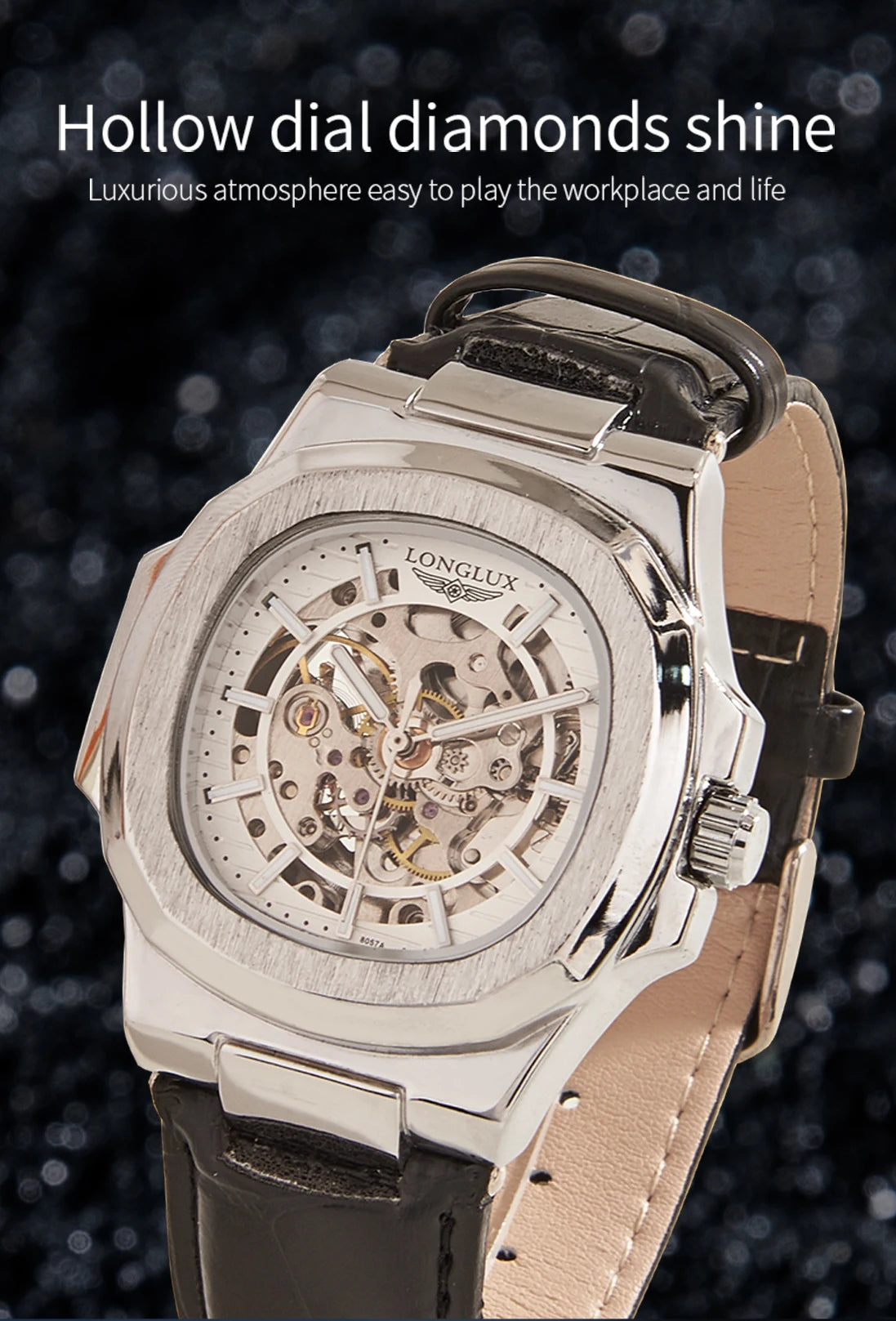 LONGLUX automatic man watch sport style wholesale mechanical wristwatches fashion hollow leather man watch men gift