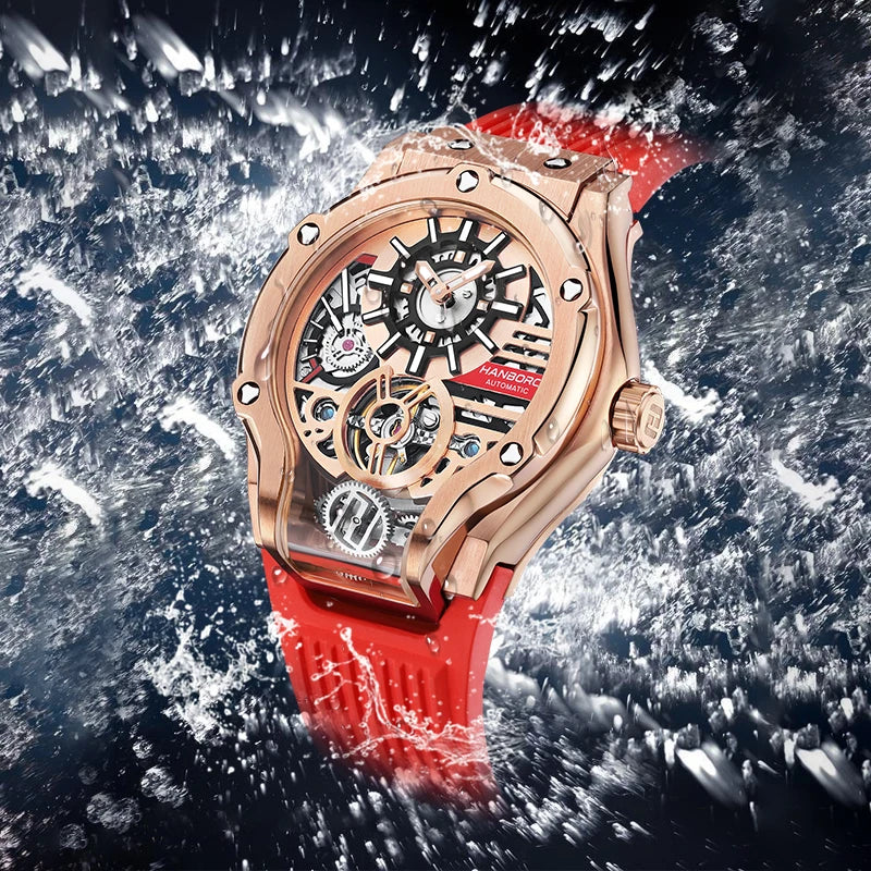 HANBORO Car Design Mechanic Watch Luxury Men Watches Mechanical Wristwatches Earth Skeleton Flywheel Watch Orologio Uomo