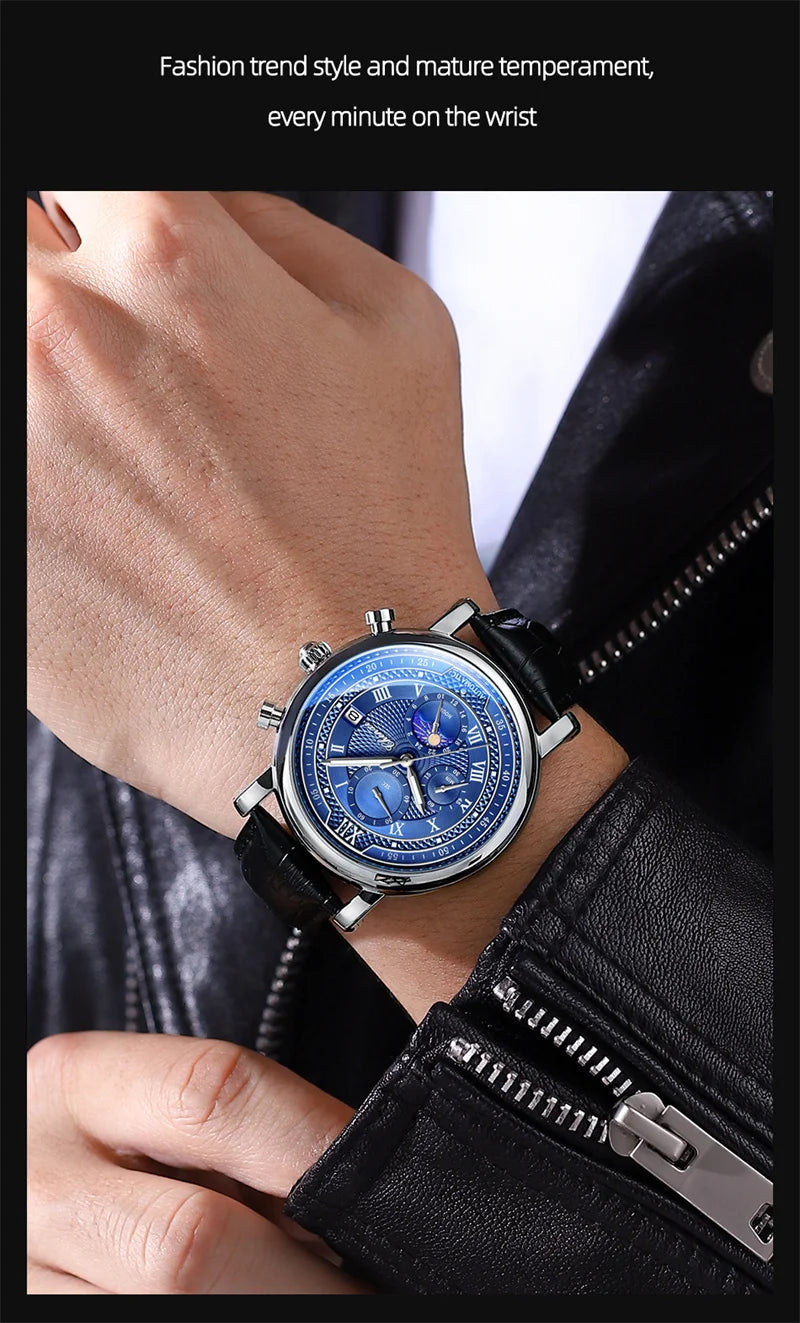 CHENXI 976 Men's Watch Leather Chronograph Date Quartz Watches Phase Moon Timing Business Luminous Wrist Watch Relojes para