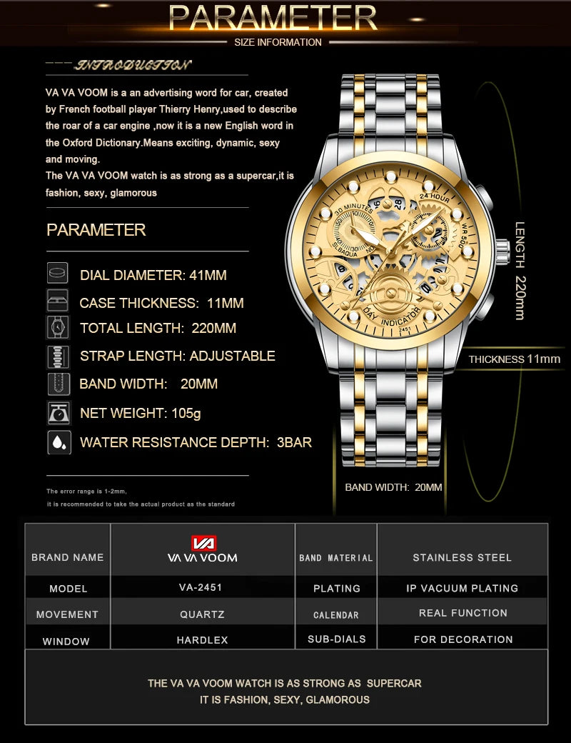 Men's Business Watch Skeleton Design Fashion Mechanical Style Stainless Steel Quartz Movement Calendar Waterproof Men WristWatch