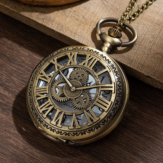 Pocket watch women's necklace pendant vintage pocket watch classic boy style style flip hollowed out gear Roman figure