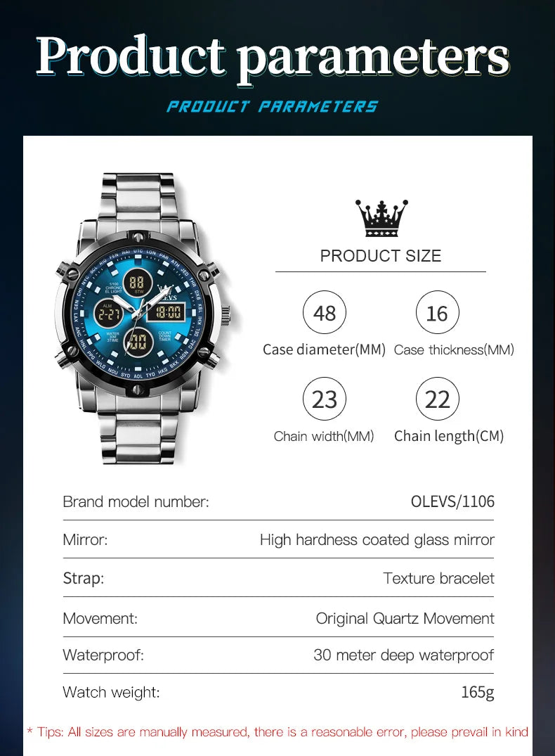 OLEVS 1106 Watch Men Chronograph Calendar Alarm Clock Quartz Movement Stainless steel Multi-function Man Hand Clock Trend Watch