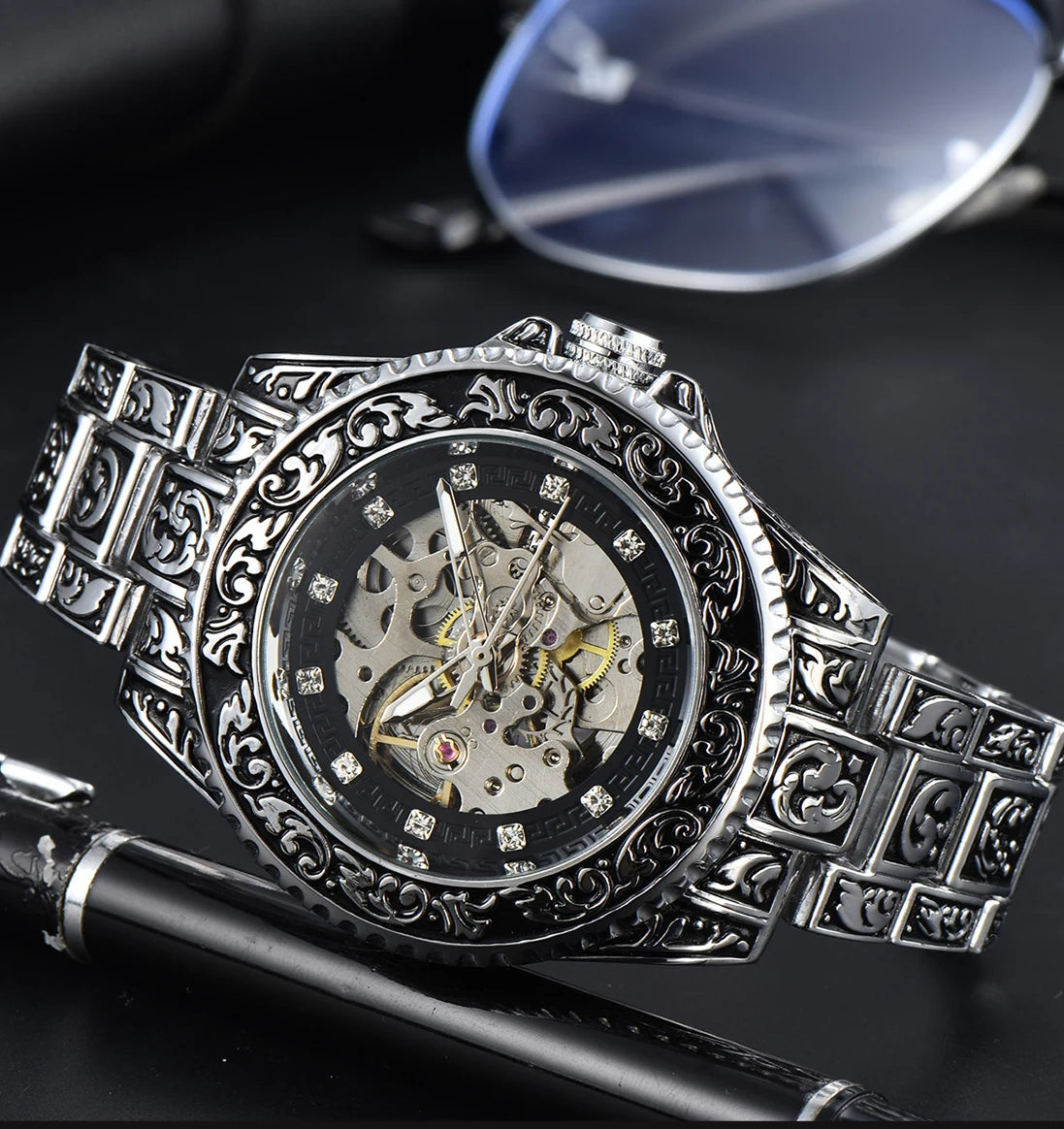 LONGLUX automatic watch luxury wholesale mechanical wristwatches stainless steel carve waterproof  no logo mens watch men gift