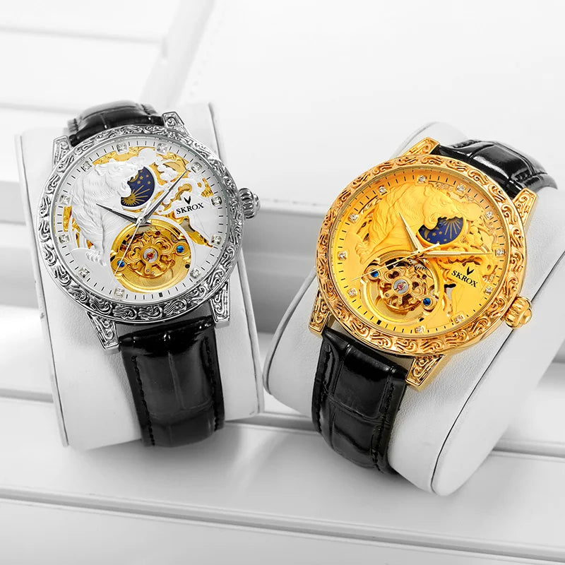 SKROX Original Gold Tiger Diamond Elegant Men's Watch Moon Phase Tourbillon Automatic Mechanical High-end Luxury Male Clockwork