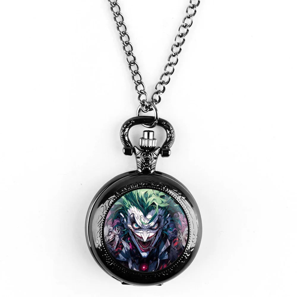 Joker Themed Glass Dome Quartz Pocket Watch Classic Arabic Numeral Dial with Durable Chain for Men Creative Gifts