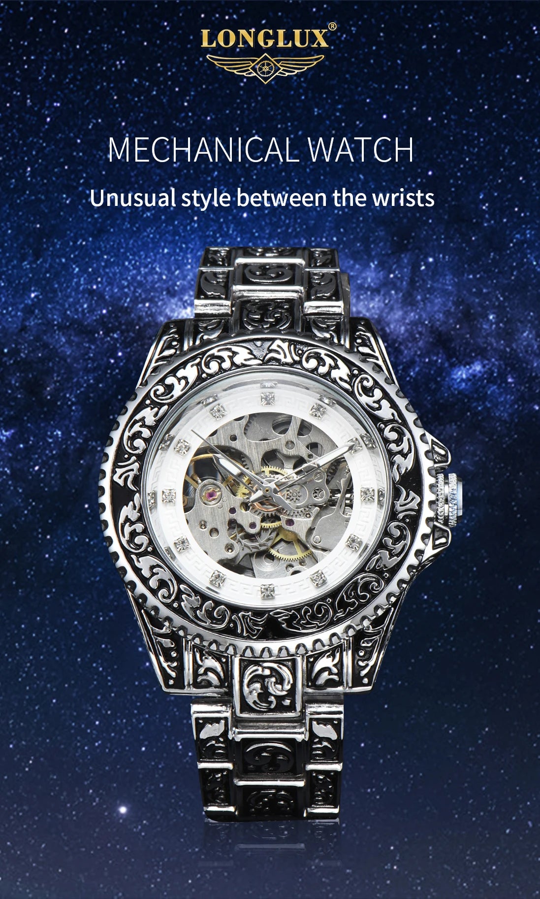 LONGLUX automatic watch luxury wholesale mechanical wristwatches stainless steel carve waterproof  no logo mens watch men gift