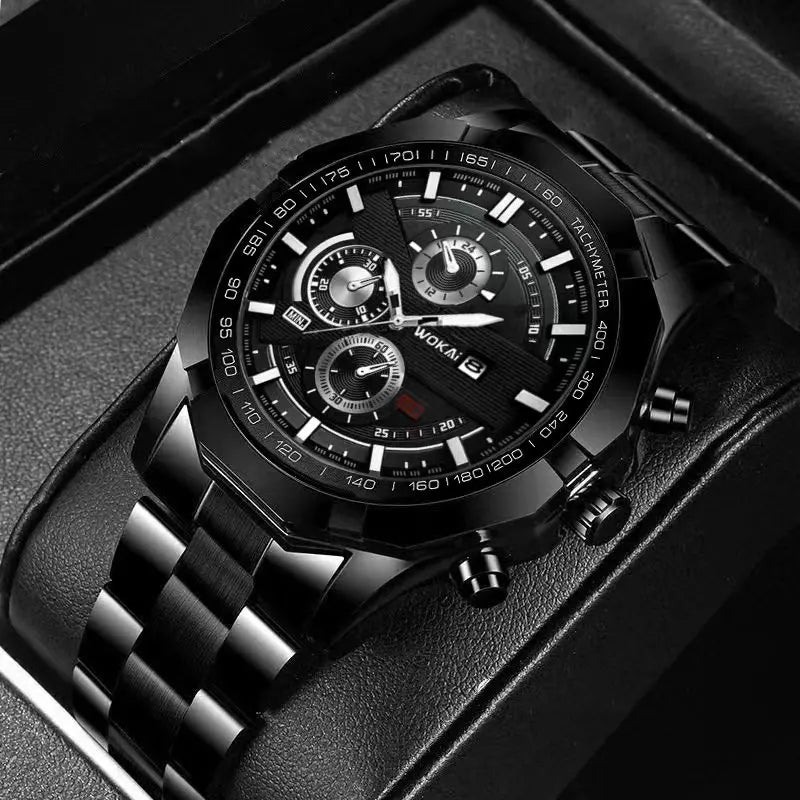 WOKAI Fashion Business Multi-functional steel band Quartz Men's luxury Tungsten steel Watch Boys Girls Student Retro clock