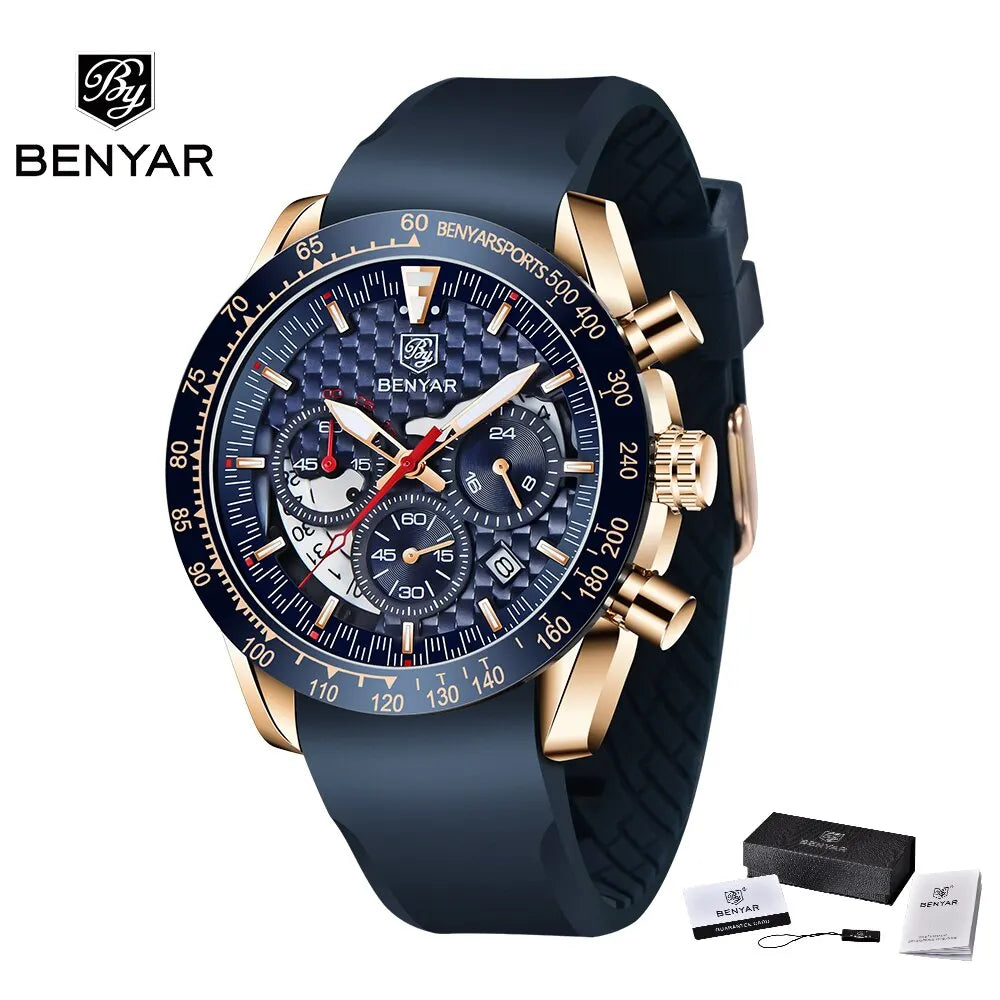 BENYAR Top Brand New Men Watches Leather Strap Luxury Waterproof Sport Quartz Chronograph Military Watch Men Clock Reloj Hombre