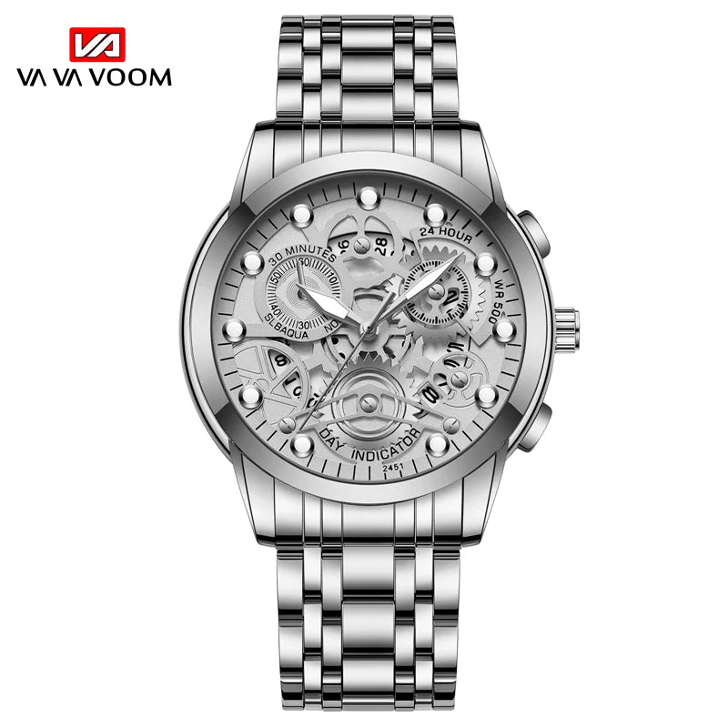 Men's Business Watch Skeleton Design Fashion Mechanical Style Stainless Steel Quartz Movement Calendar Waterproof Men WristWatch