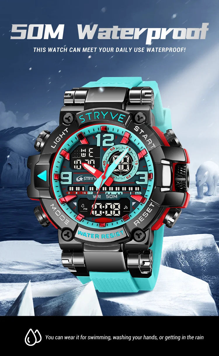 New STRYVE Watch for Men's High Quality Digital-Analog Dual Movement 5ATM Waterproof Watches Fashion Sports Men's Watch 8025