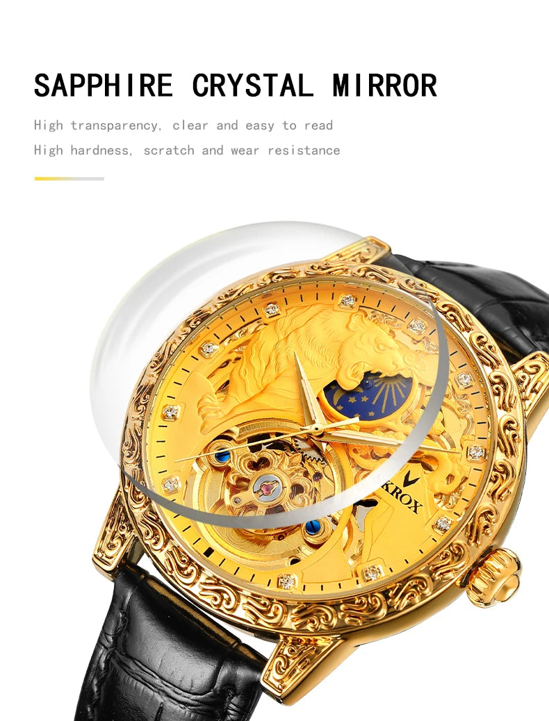 SKROX Original Gold Tiger Diamond Elegant Men's Watch Moon Phase Tourbillon Automatic Mechanical High-end Luxury Male Clockwork