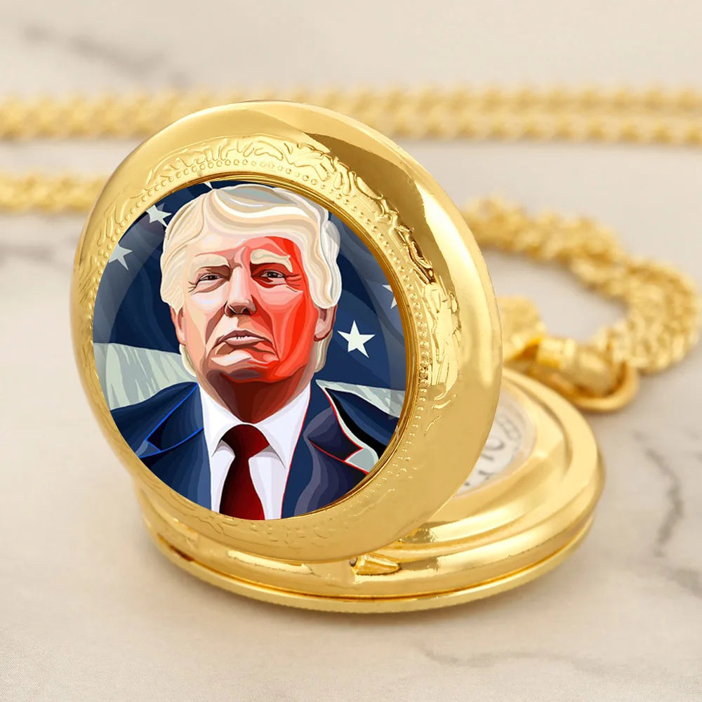 Trump Design Gold Quartz Pocket Watch Women Men Fashion Glass Dome Necklace Unique Pendant Silver Clock Watch Gift Accessories