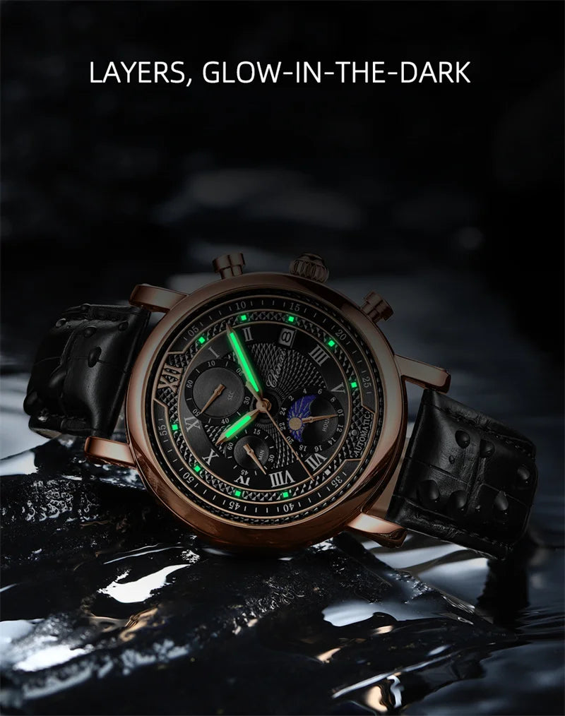 CHENXI 976 Men's Watch Leather Chronograph Date Quartz Watches Phase Moon Timing Business Luminous Wrist Watch Relojes para