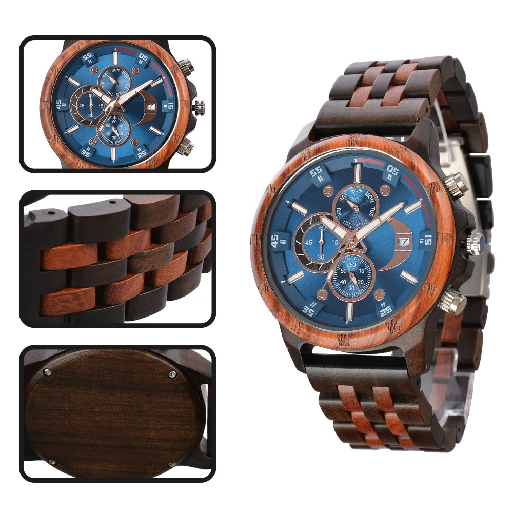 Men's Wooden Wrist Watches for Men Chronograph Fashion Wristwatches Business Blue Wood Mens Watches Clock reloj madera hombre