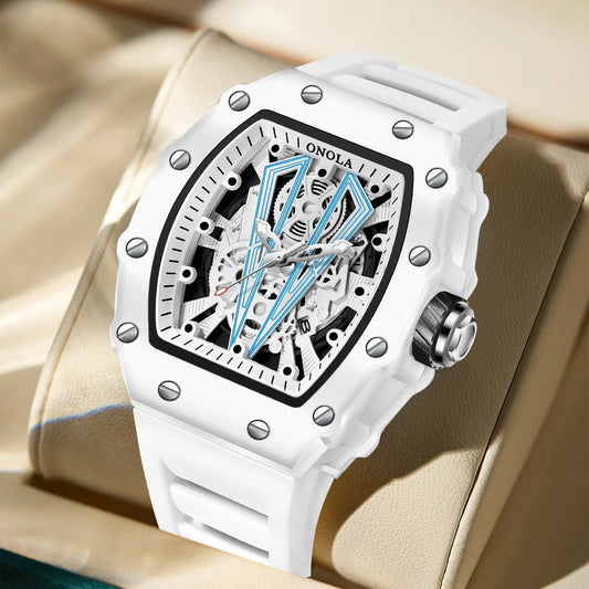 ONOLA Tonneau Mens Watch Fashion White Male Clock Luminous Calendar Water Resistant Silicone Tape Watches for Men Reloj Hombre