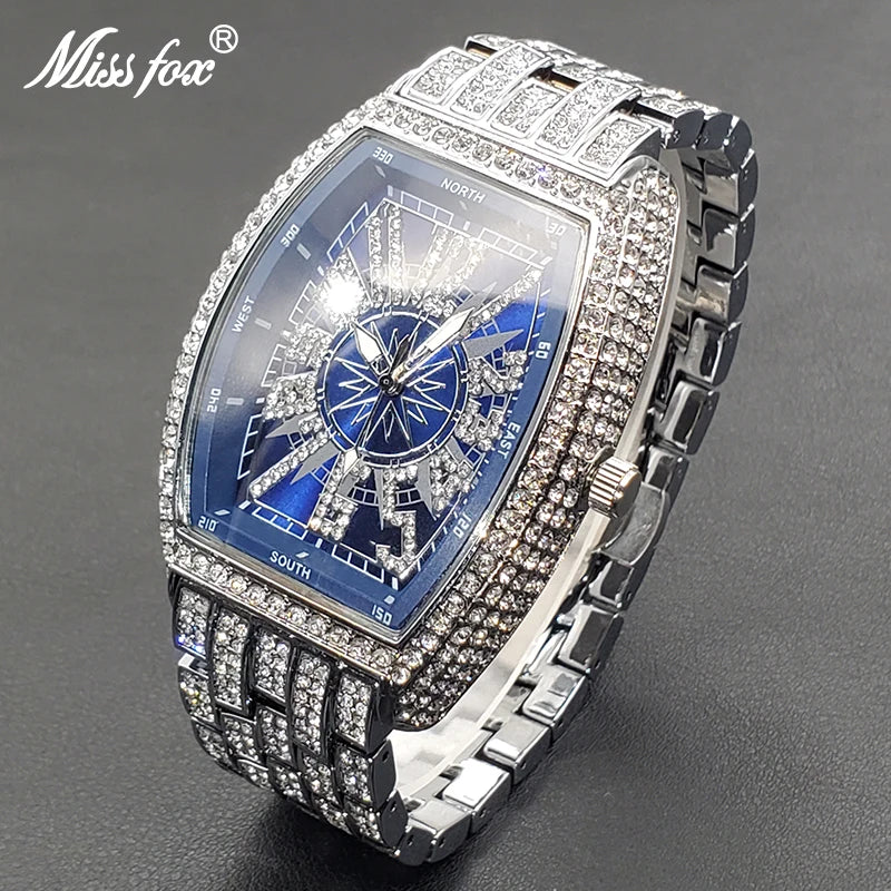 Classic 55mm Black Dial Wristwatch Men Famous Brand Diamond Silver Quartz Watch Original Ice Out Shiny Waterproof Clock 2023 New