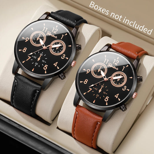 2PCs/Set Men's Watch Set Classic Versatile Fashion Casual Style Quartz Leather Watch Sport Style Business Watch Box not included