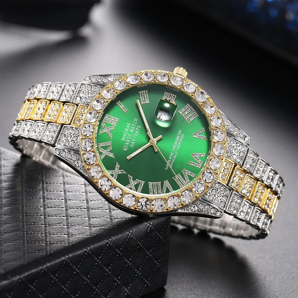 Luxury Men Watch Classic Golden Men Steel Strap Roman Rhinestone Calendar Quartz Watch Fashion Male Wristwatch Relogio Masculino
